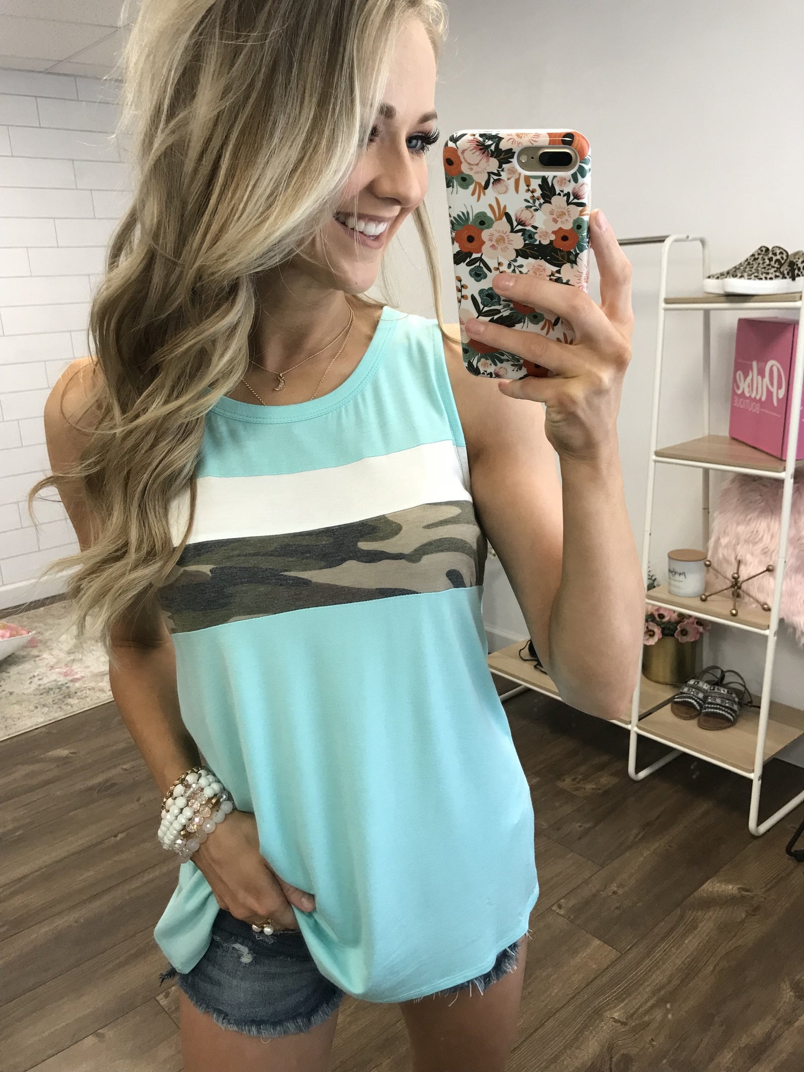Hint of Camo Tank Top- Light Blue