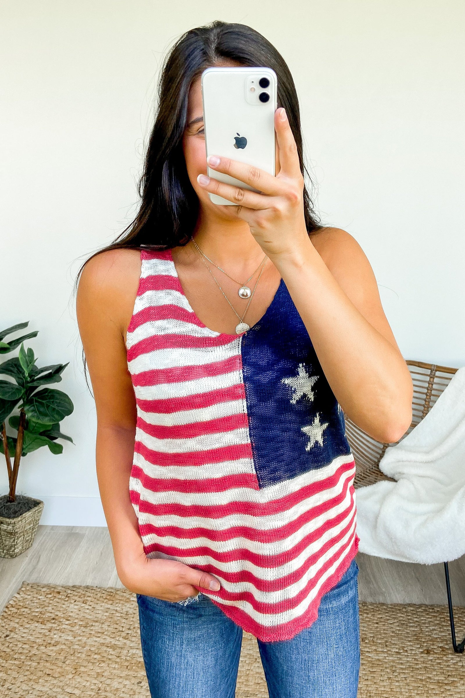 Stars & Stripes Knitted Tank Top- Red, Ivory, Navy