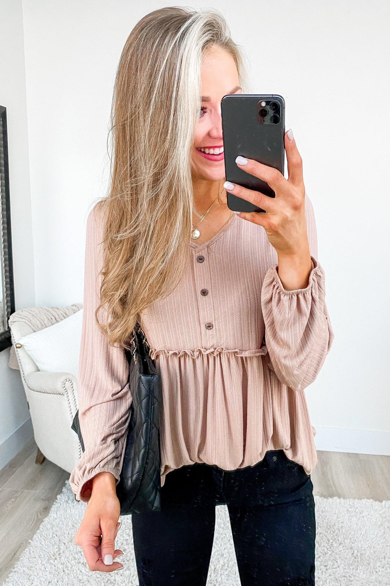 Buttoned Up Beauty Knit Babydoll Top- Natural