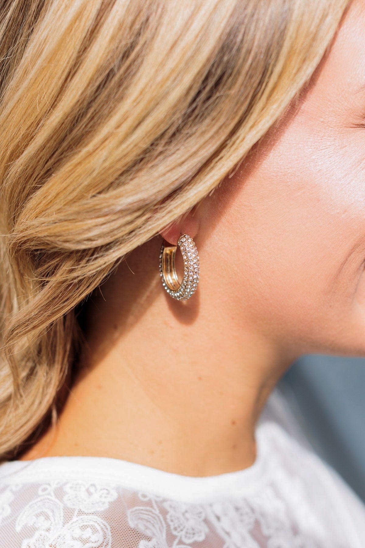 Drenched In Diamonds Open Hoop Earrings- Gold
