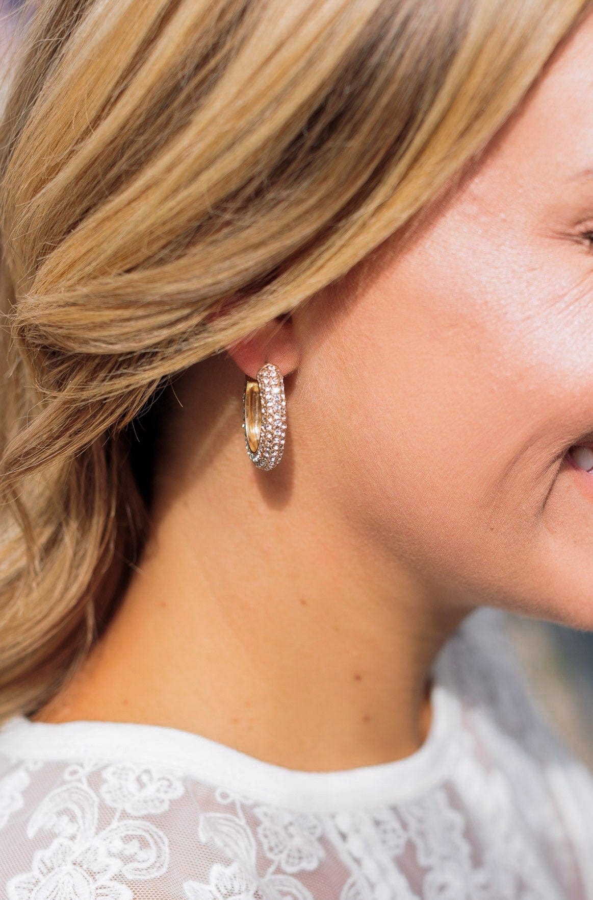Drenched In Diamonds Open Hoop Earrings- Gold