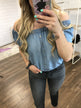 Off the Shoulder Denim Button Top- Light Wash