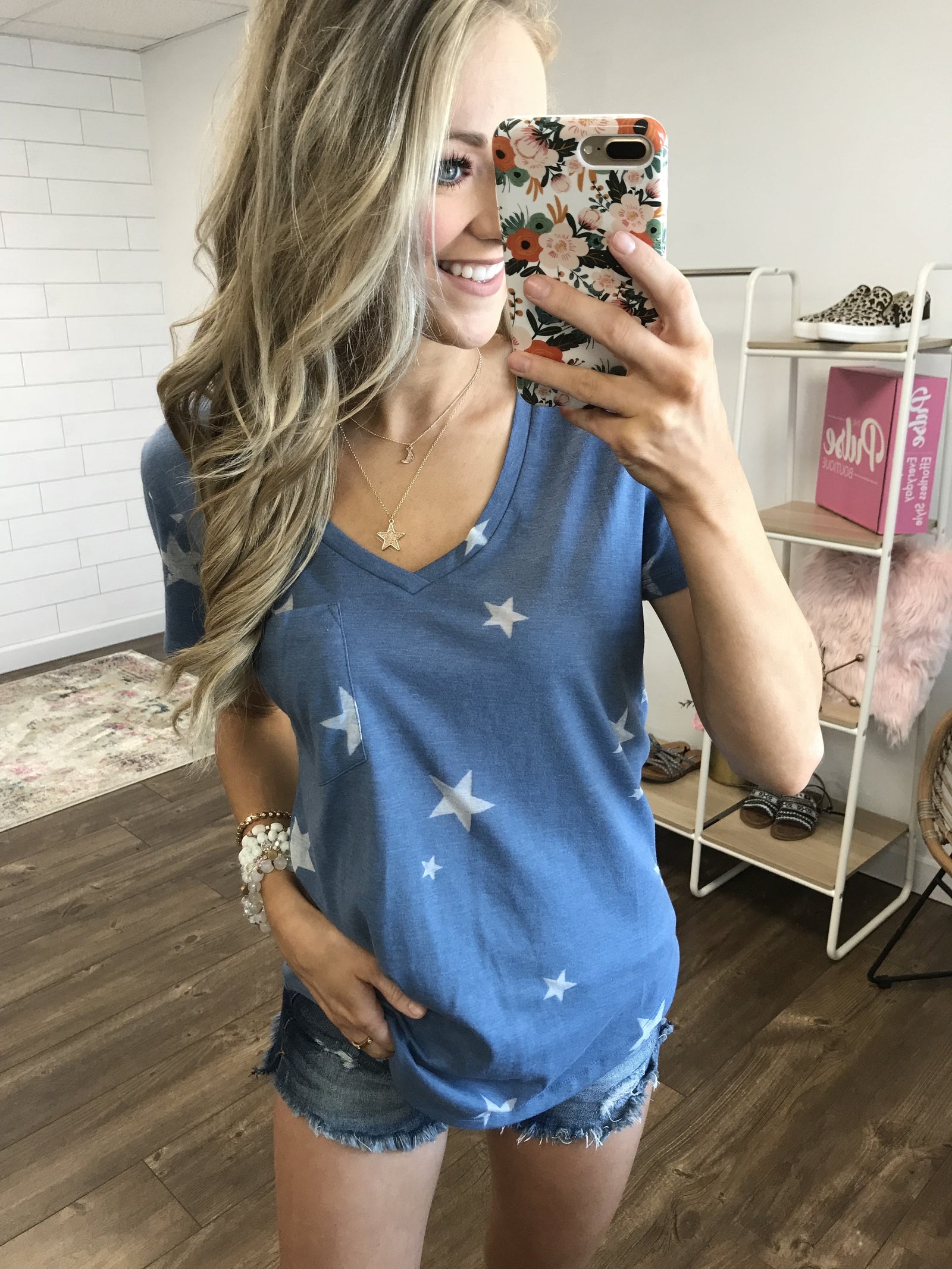 You're A Star V-Neck Pocket Top- Steel Blue