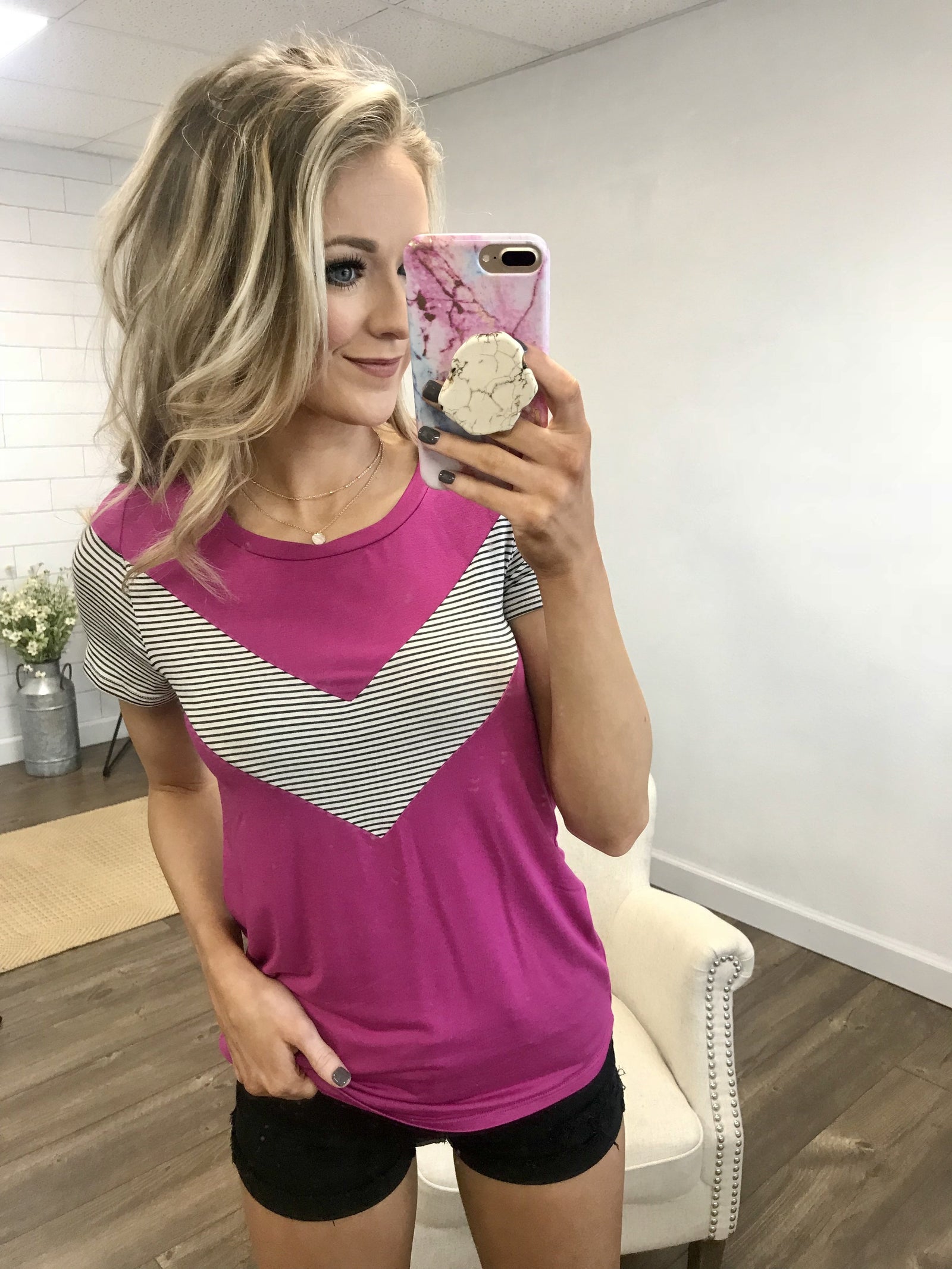 Striped Chevron Short Sleeve Top- Magenta