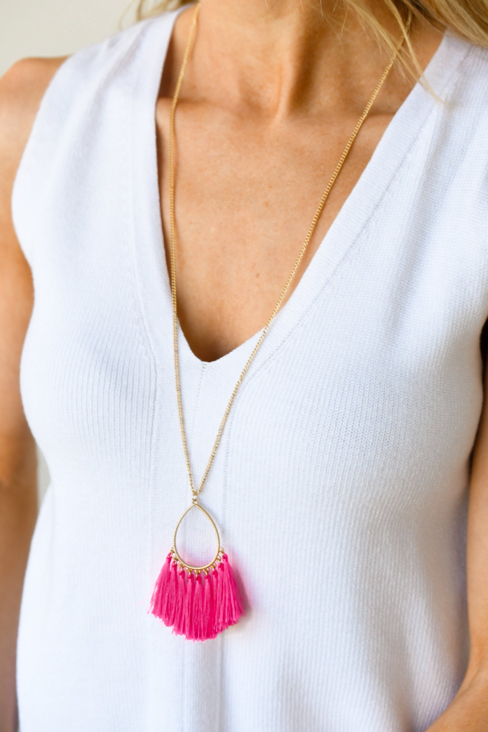 Dazzling Skies Long Tassel Necklace- Bright Pink