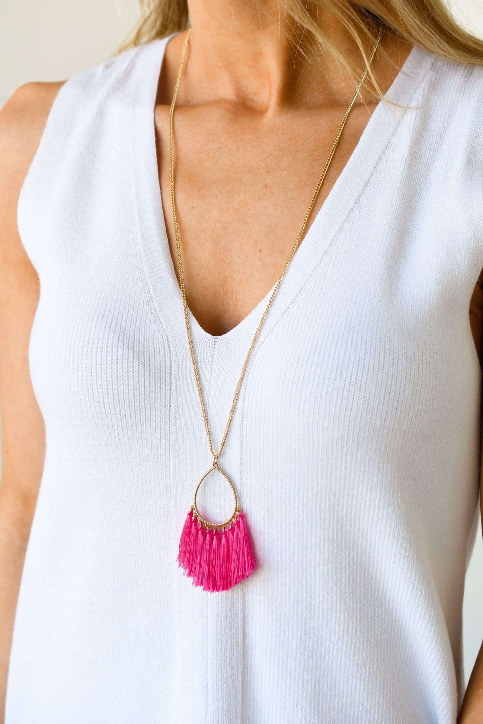 Dazzling Skies Long Tassel Necklace- Bright Pink
