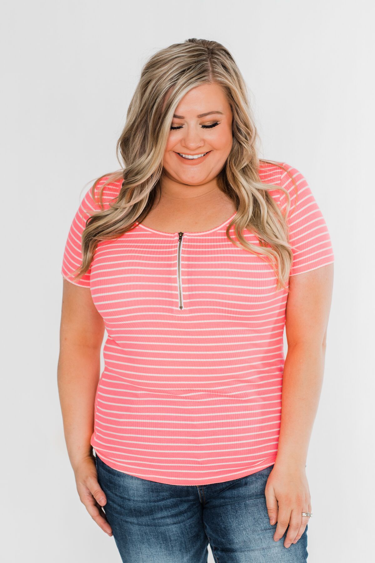 Short Sleeve Neon Zipper Top- Pink
