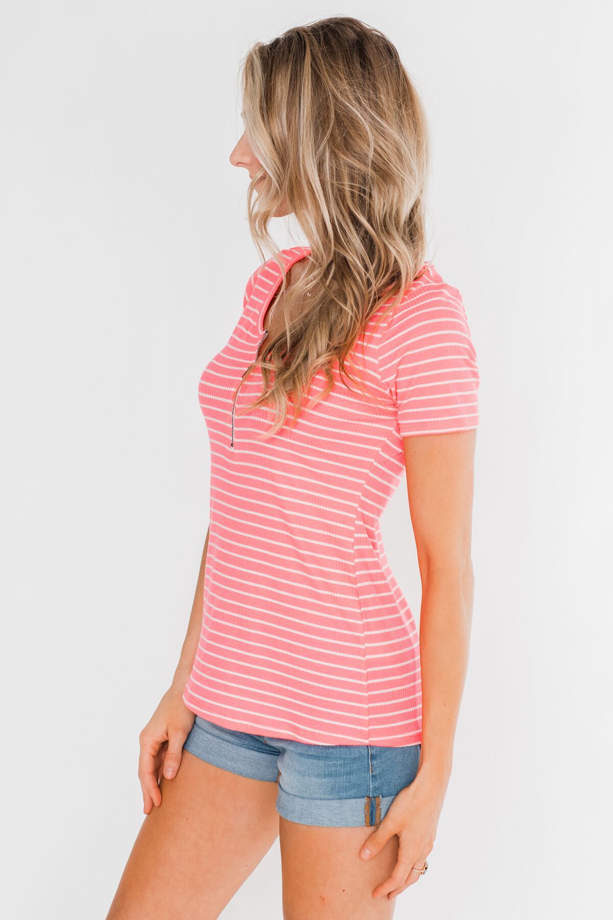 Short Sleeve Neon Zipper Top- Pink
