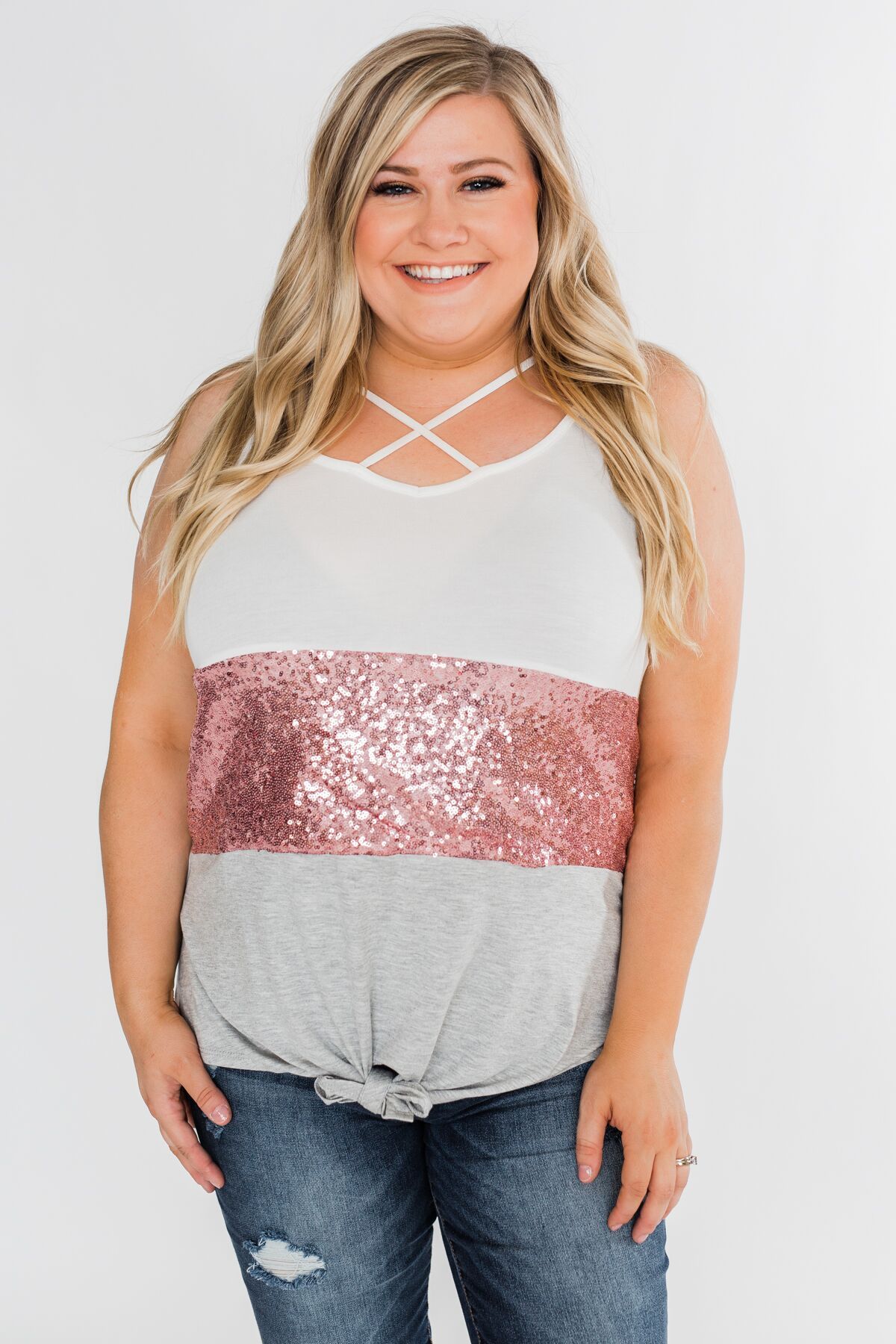 Full Of Sparkle Front Knot Halter Top- Ivory, Pink, & Gray