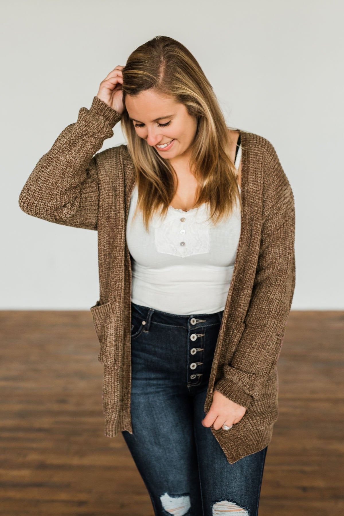 Have My Heart Velvet Chenille Cardigan- Mocha