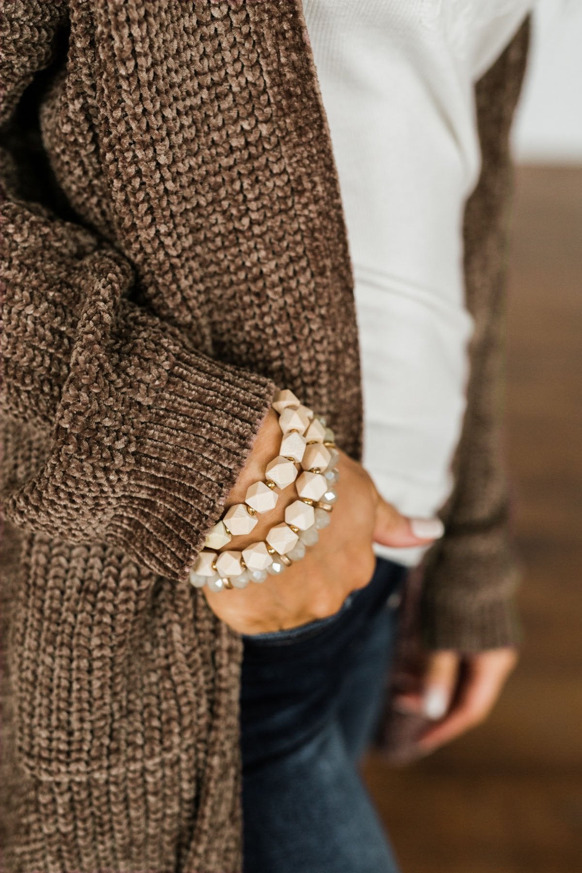 3 Stack Wood Bracelet Set- Cream