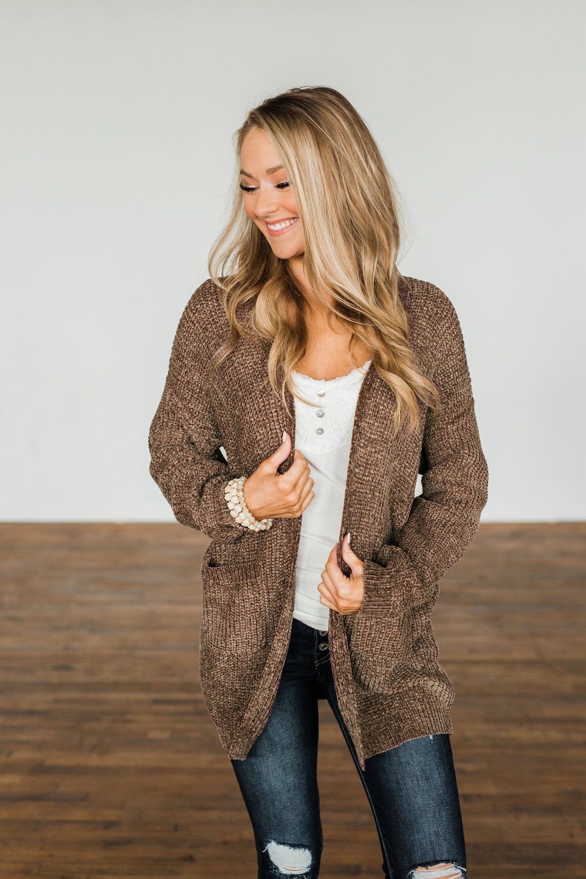 Have My Heart Velvet Chenille Cardigan- Mocha