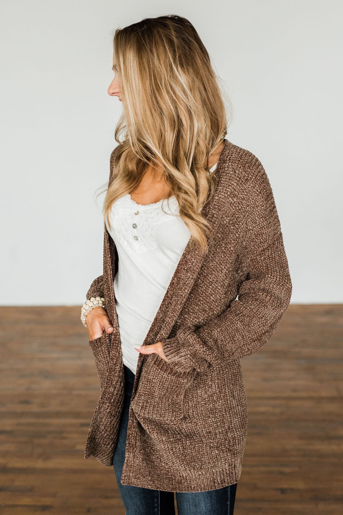 Have My Heart Velvet Chenille Cardigan- Mocha