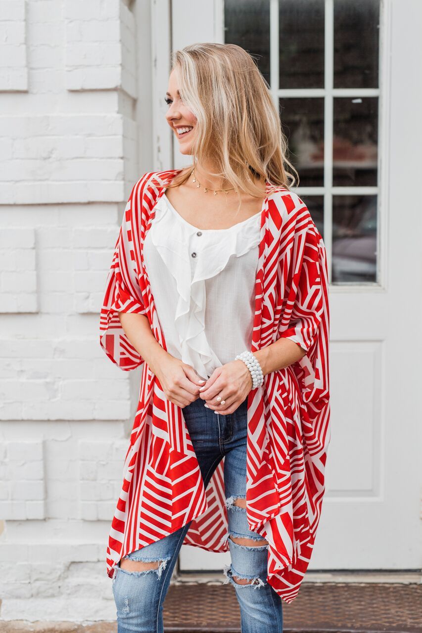 Radiant in Red Short Sleeve Kimono- Ivory