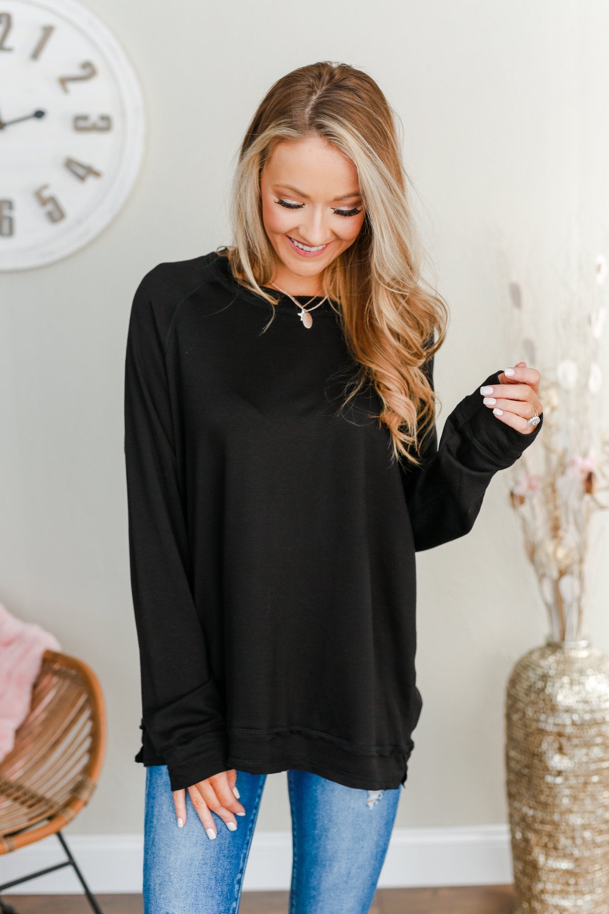 Wake Up The Day Long Sleeve Top- Black