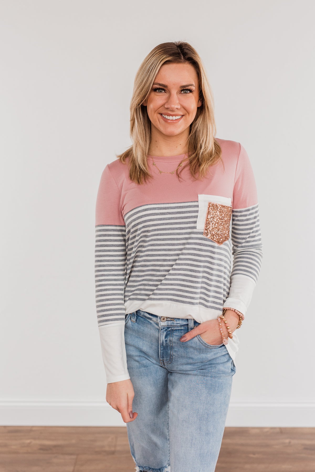 Your Time To Sparkle Color Block Top- Mauve & Ivory