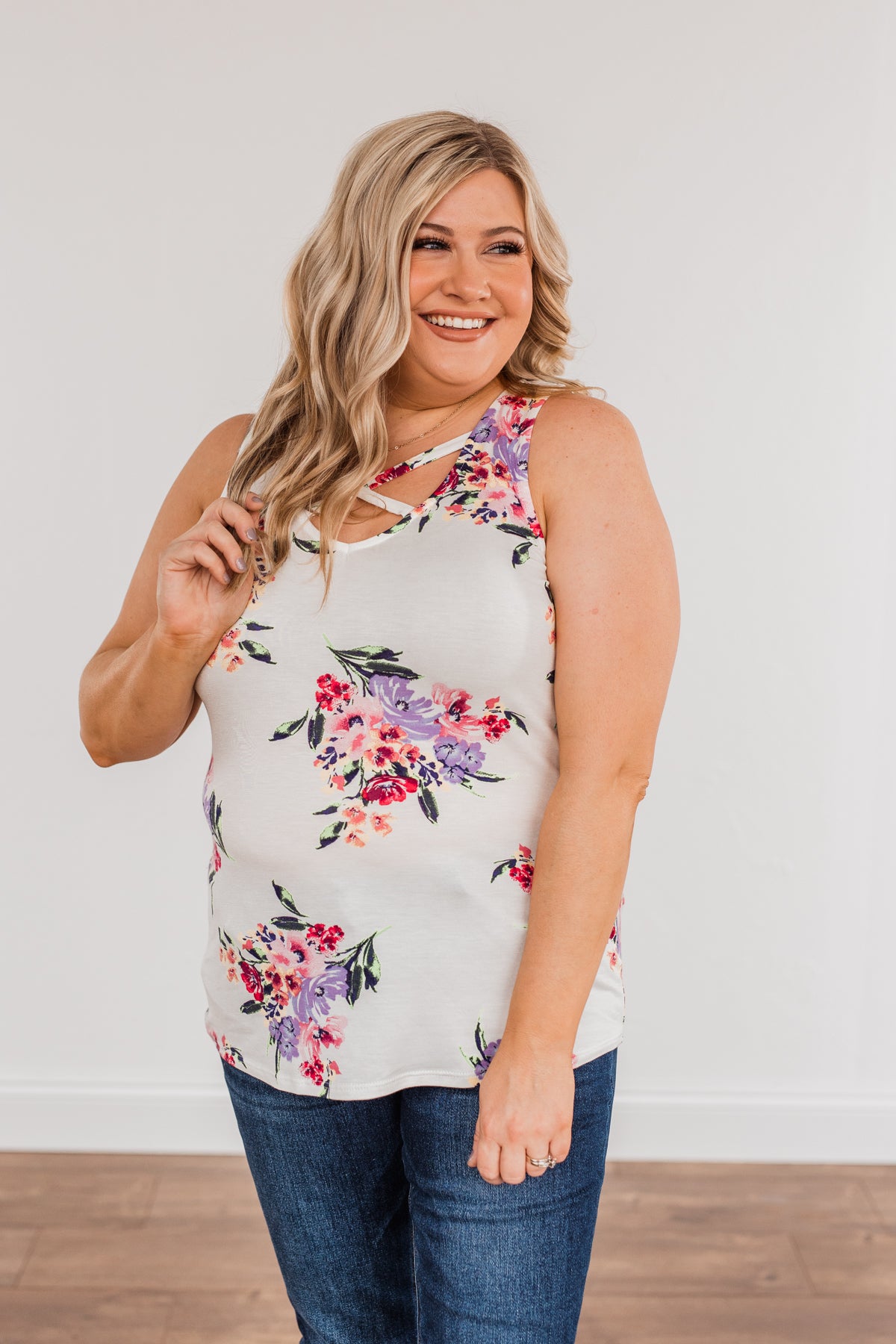 Living In Paradise Floral Criss-Cross Tank- Ivory