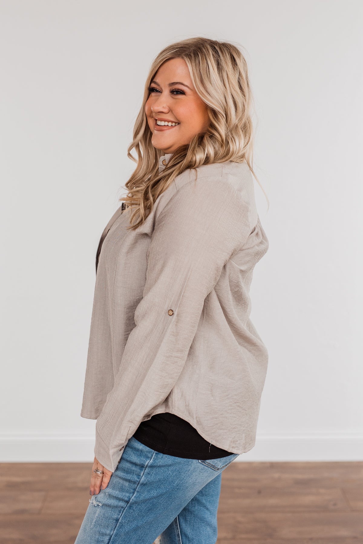 Majestic Moments Button Top- Taupe