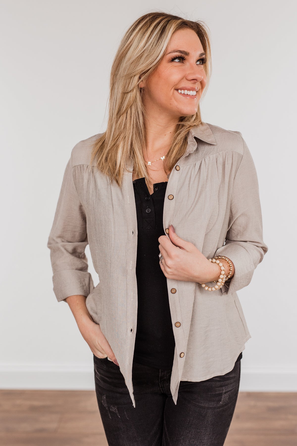 Majestic Moments Button Top- Taupe