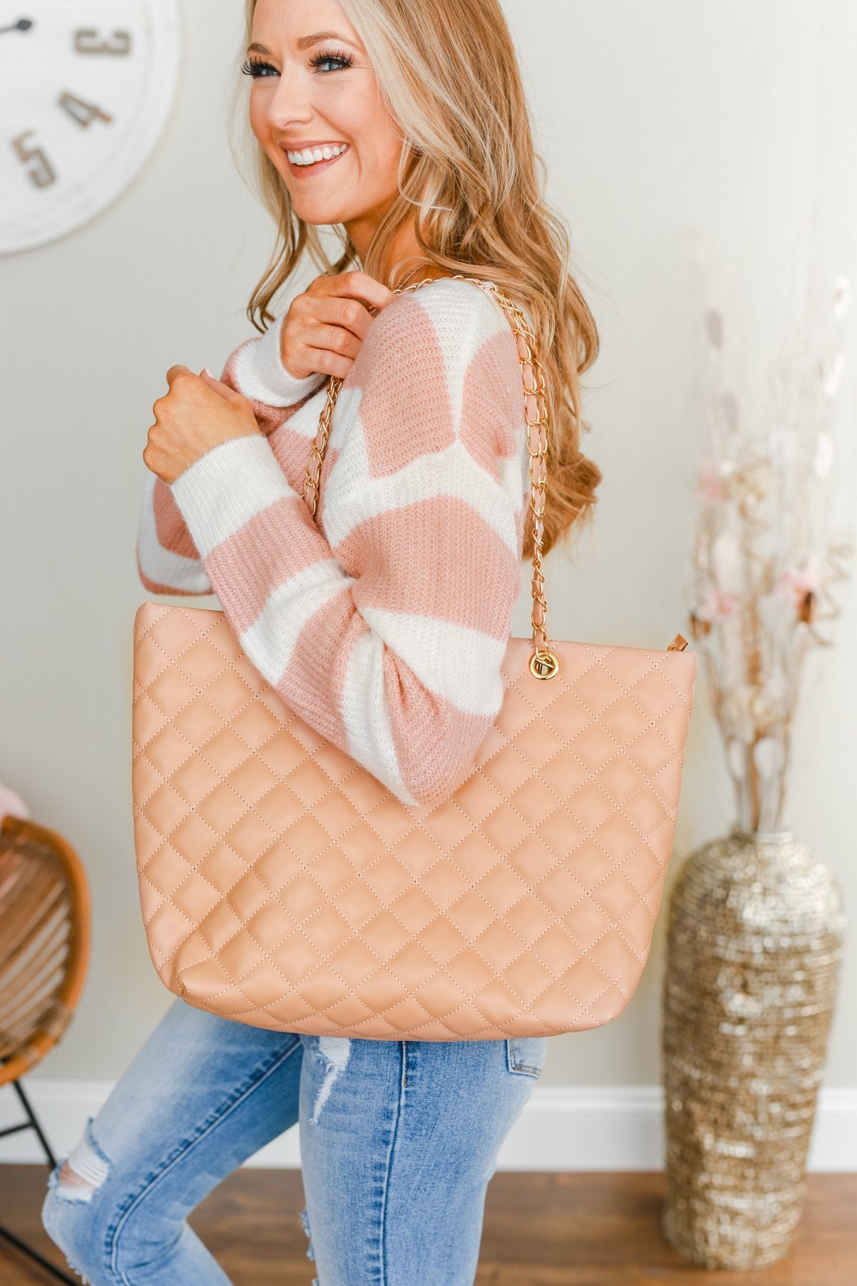 Everyday Quilted Tote Purse- Dusty Rose
