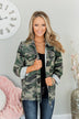 Never Give Up Distressed Denim Jacket- Camo