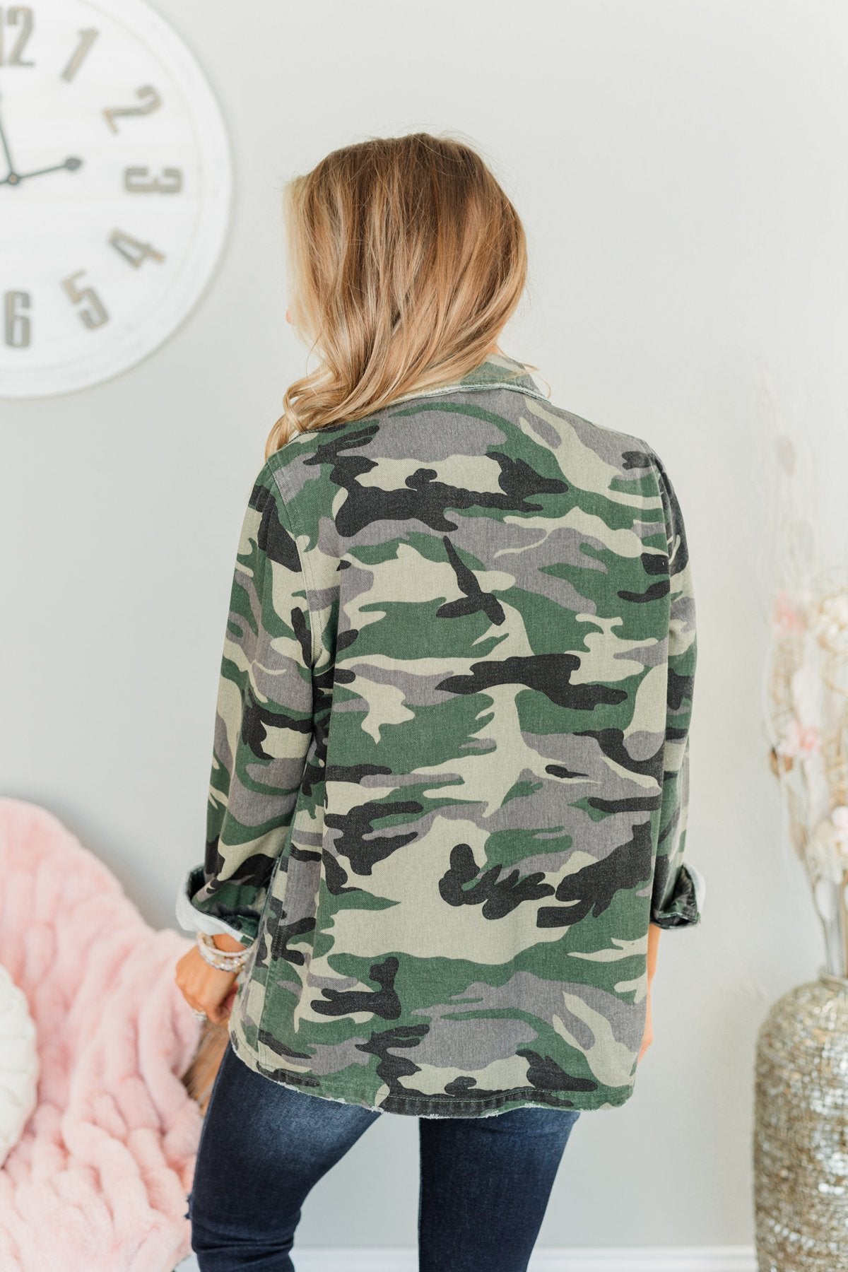 Never Give Up Distressed Denim Jacket- Camo