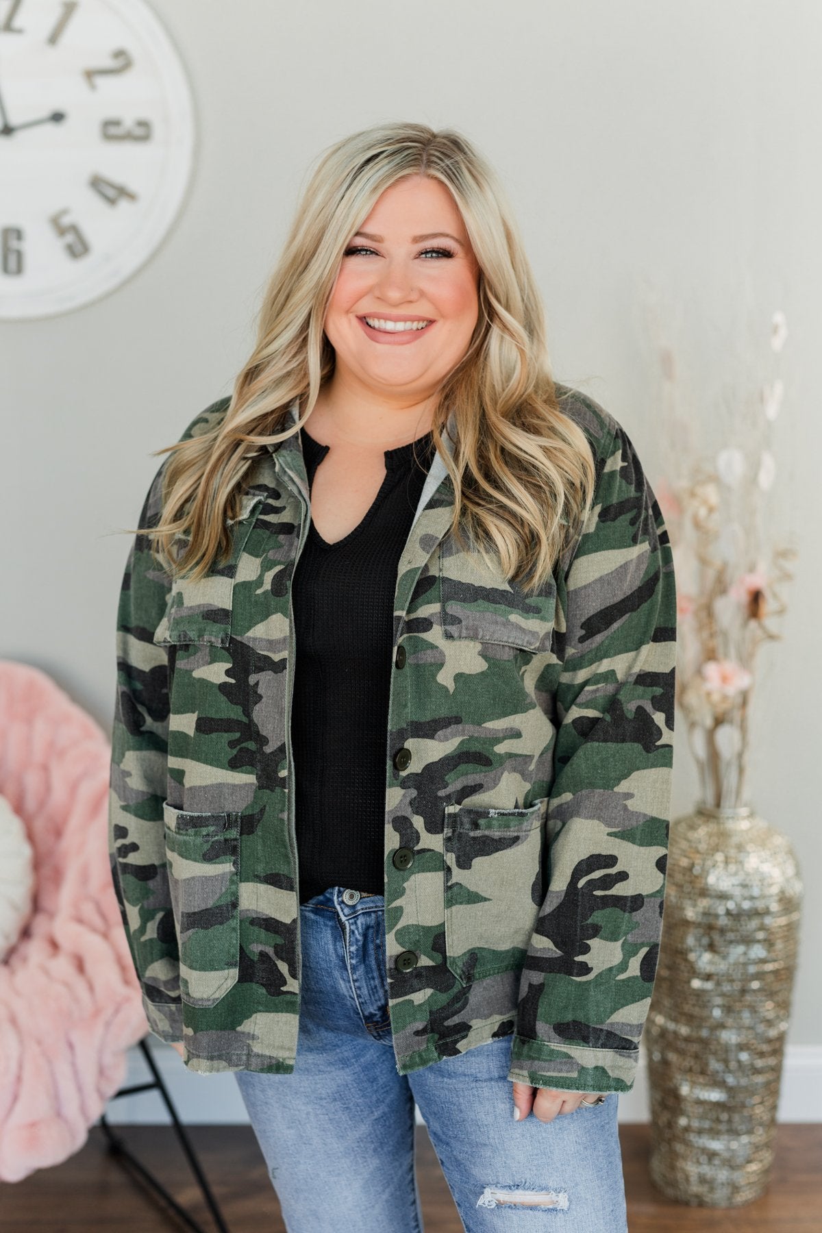 Never Give Up Distressed Denim Jacket- Camo – The Pulse Boutique