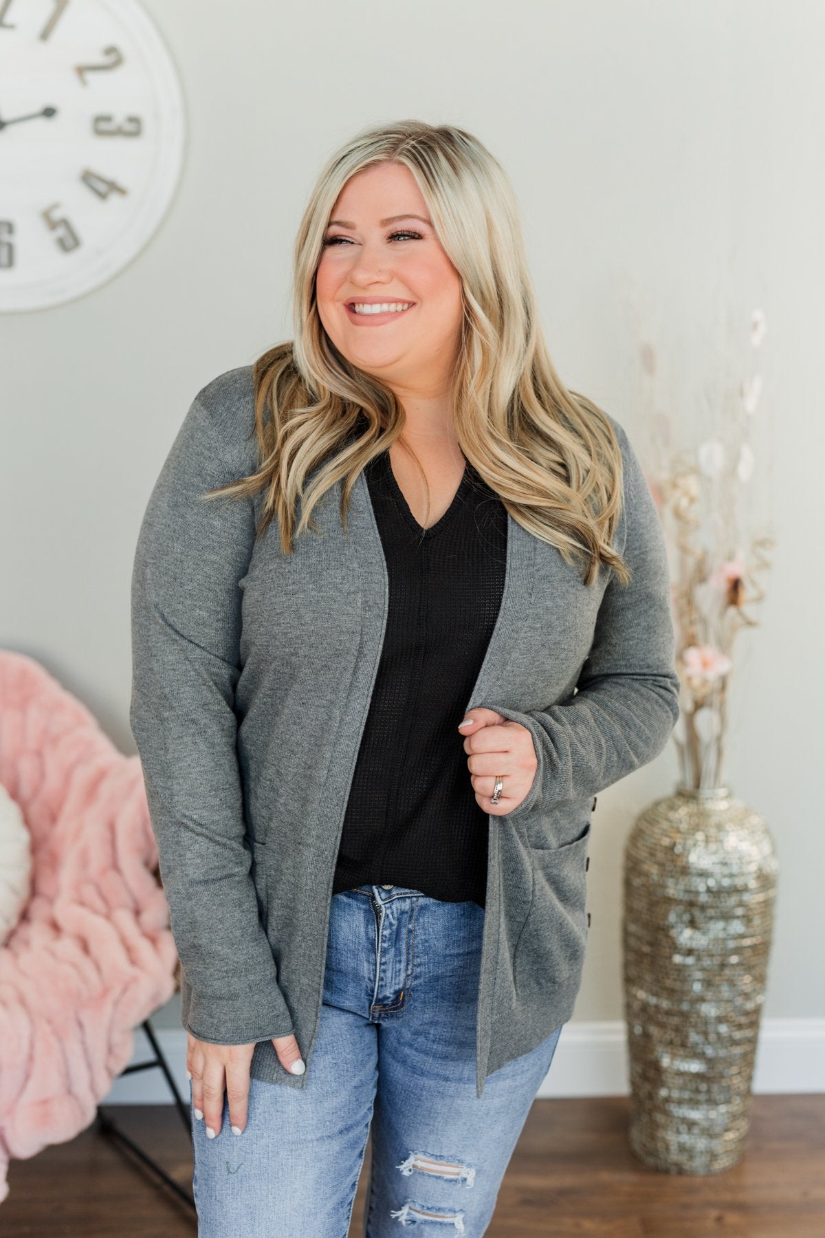 True To My Heart Open Front Cardigan- Charcoal