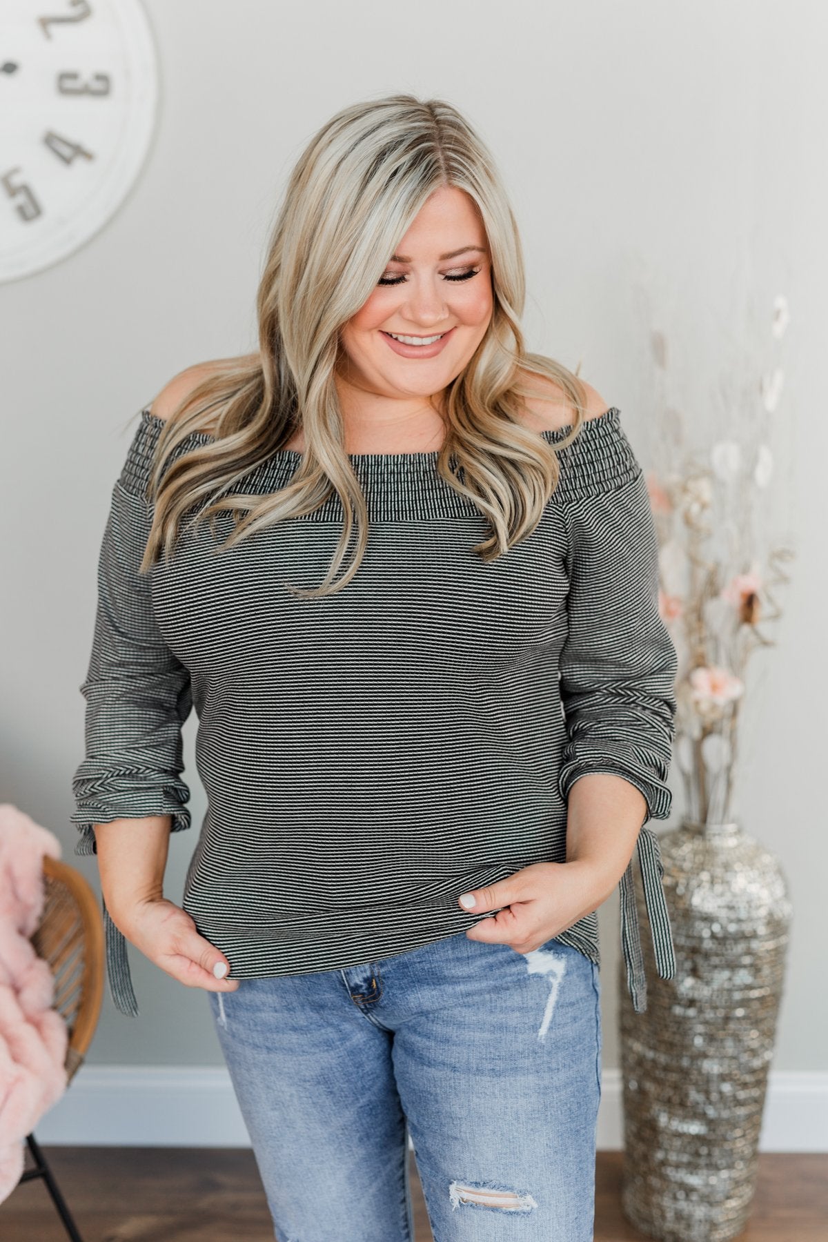 Dreaming of Stripes Off the Shoulder Top- Black & White – The Pulse ...