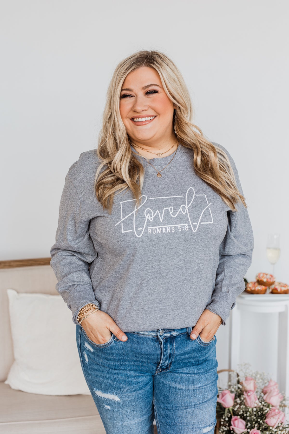"Loved" Graphic Long Sleeve Top- Grey