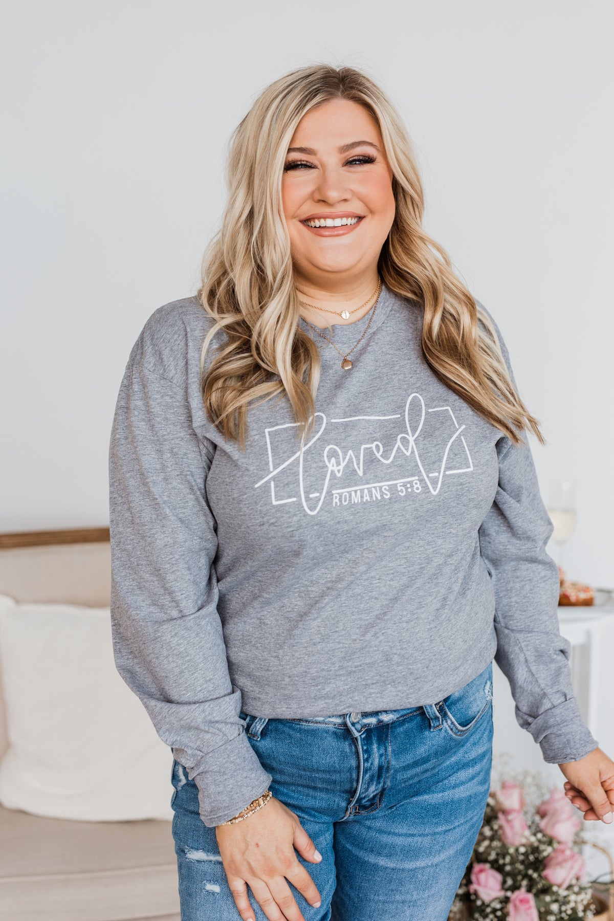 "Loved" Graphic Long Sleeve Top- Grey