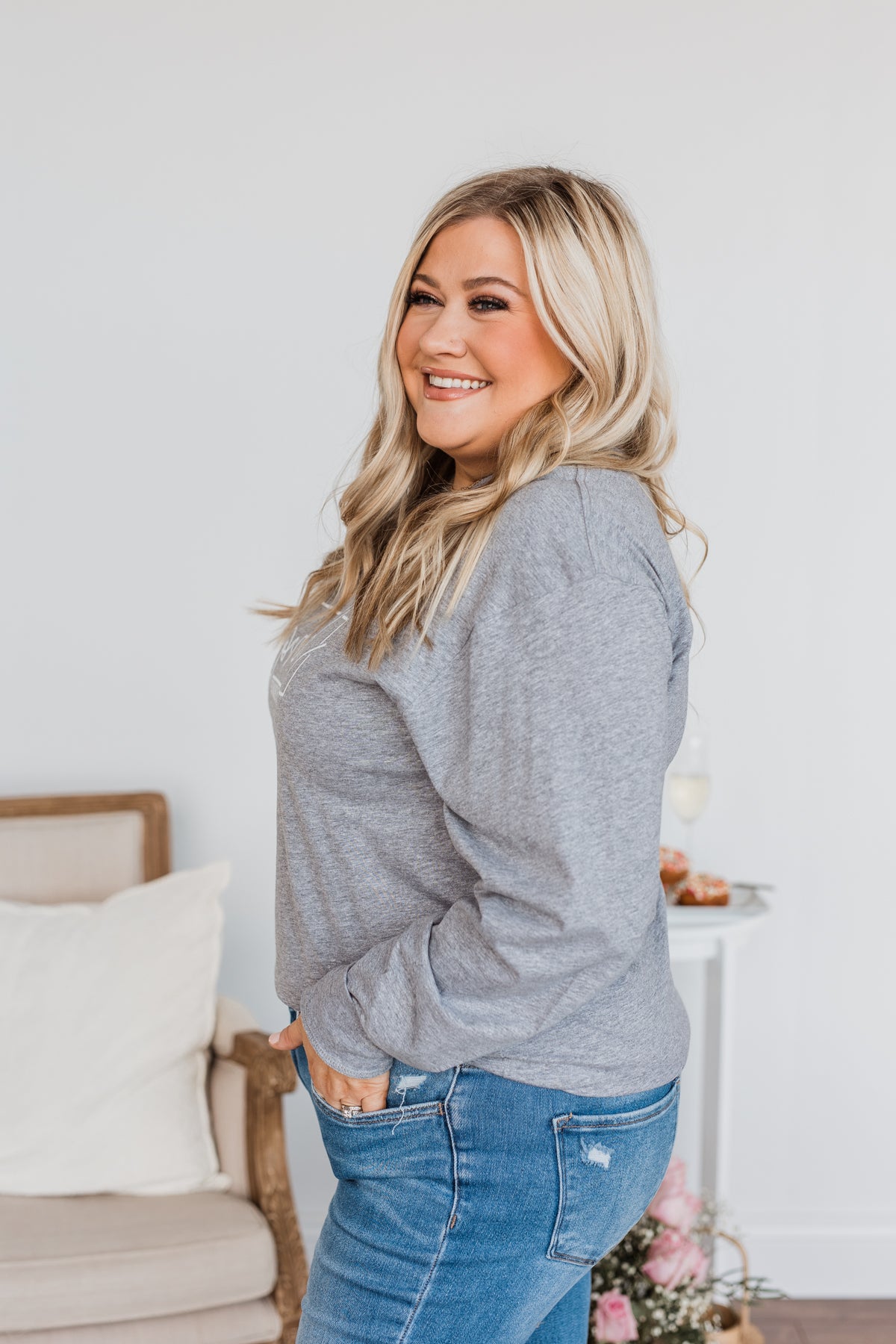 "Loved" Graphic Long Sleeve Top- Grey