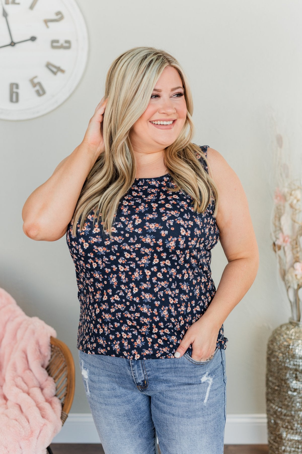 Shortcut To Spring Floral Tank Top- Navy