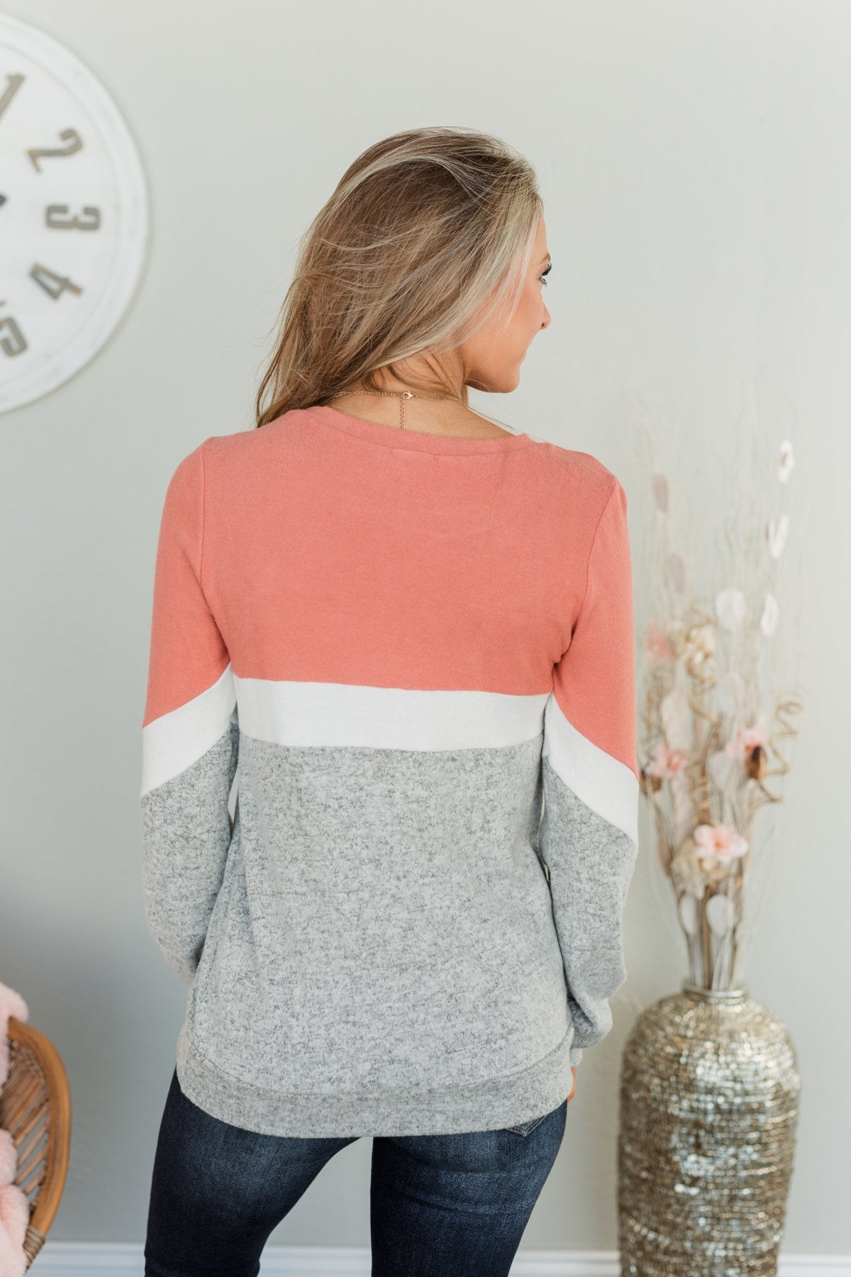 Let Me Shine Color Block Top- Dusty Peach, Ivory, & Heather Grey