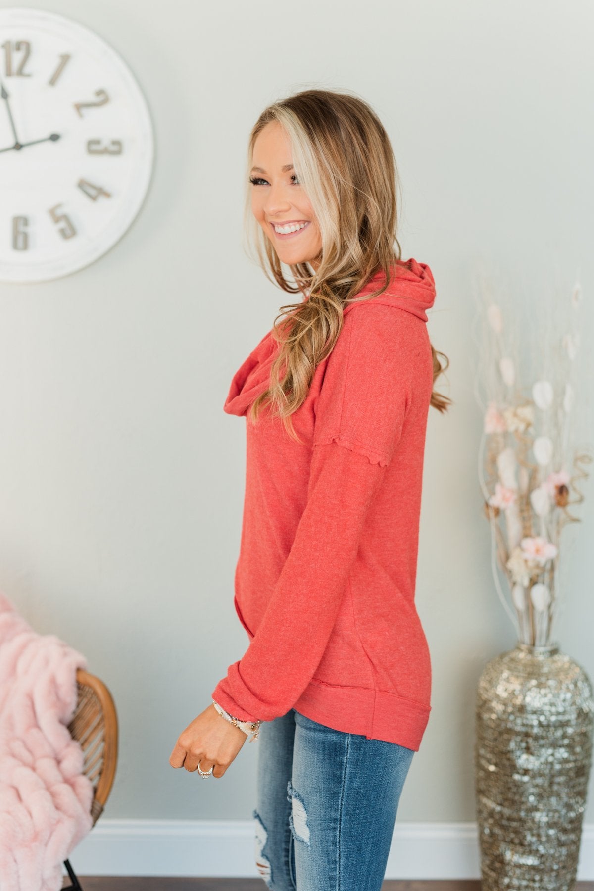 My Time To Shine Cowl Neck Top- Dark Coral