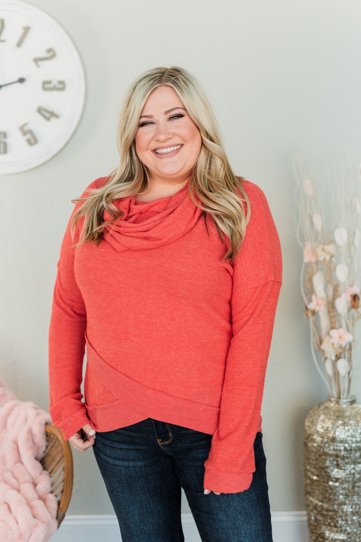 My Time To Shine Cowl Neck Top- Dark Coral
