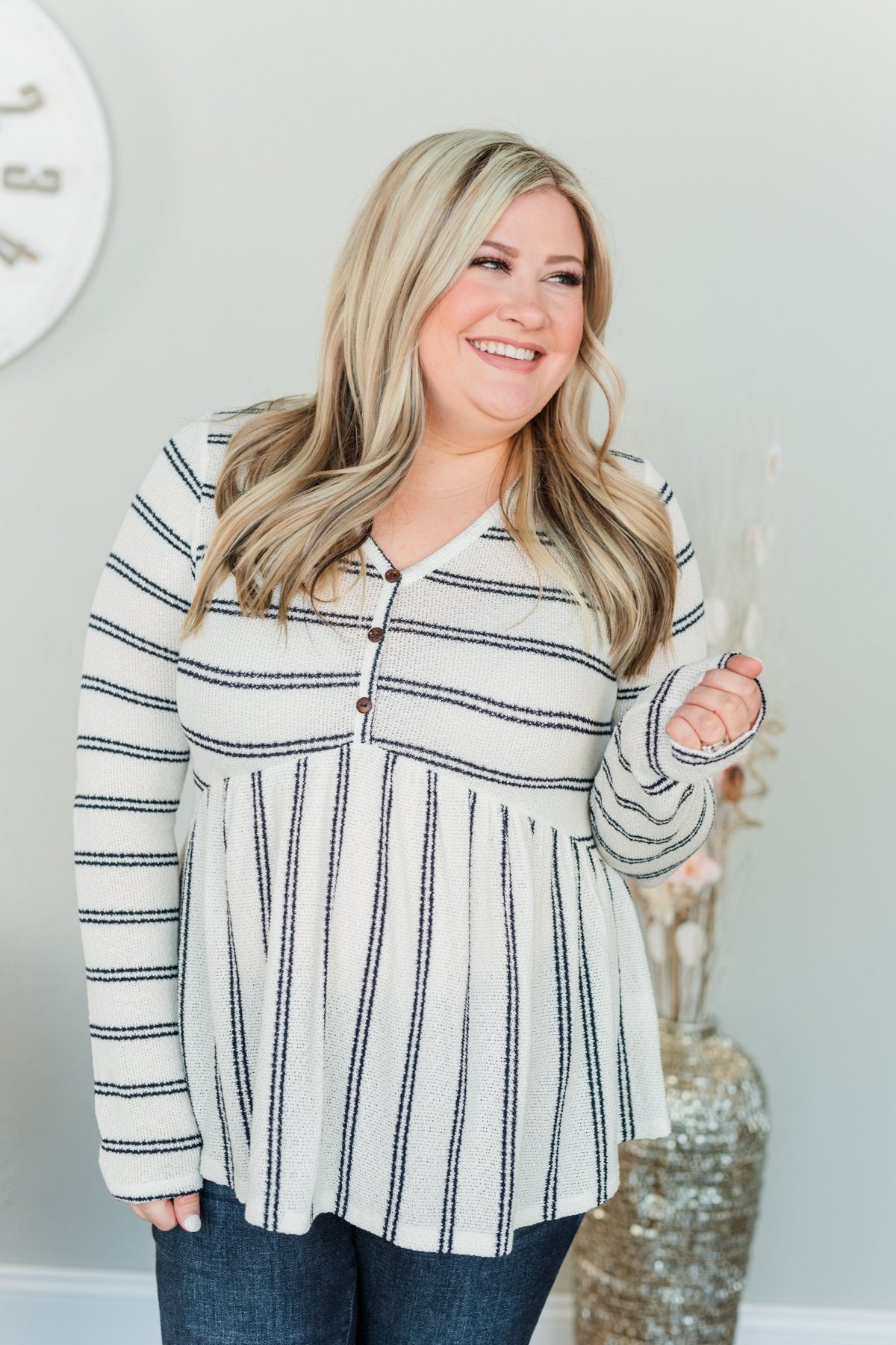 Focus On The Positive Babydoll Top- Ivory & Navy