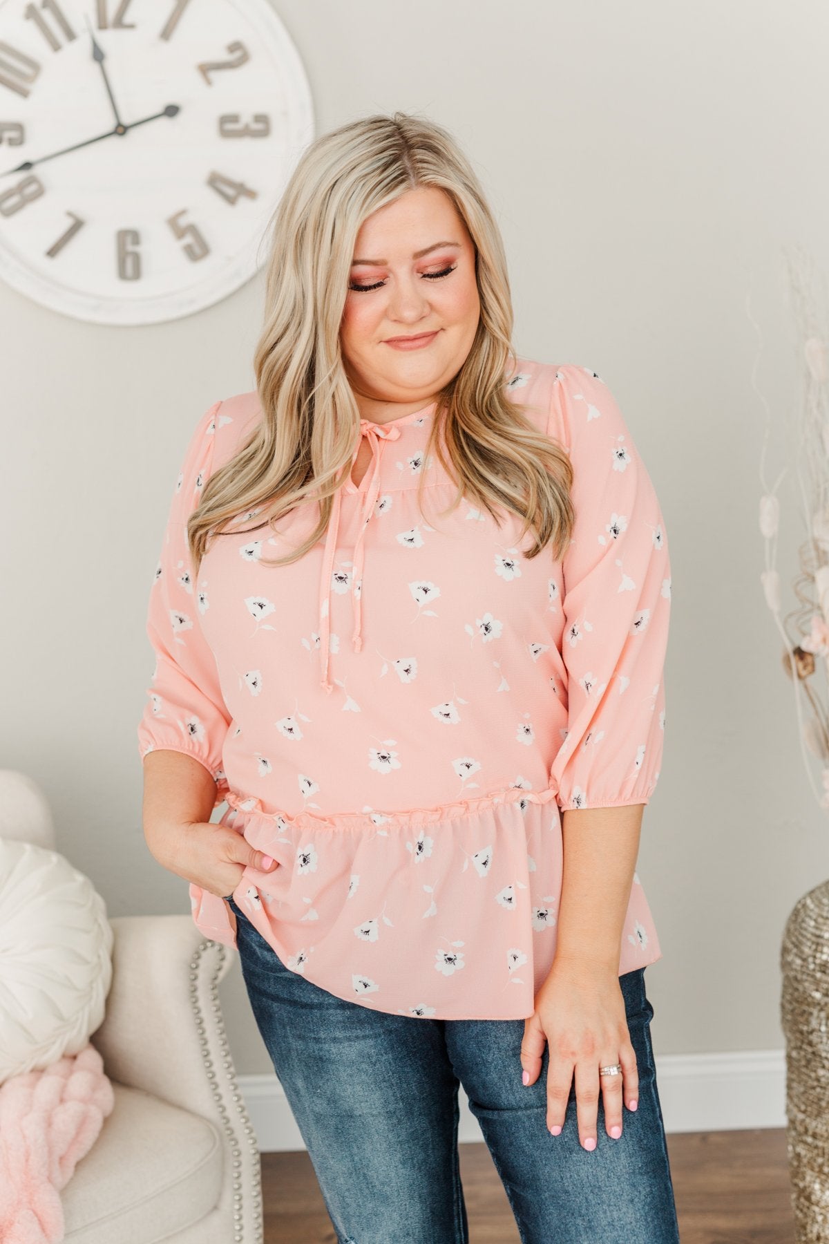 Sweet Bliss Floral Print Blouse- Light Pink