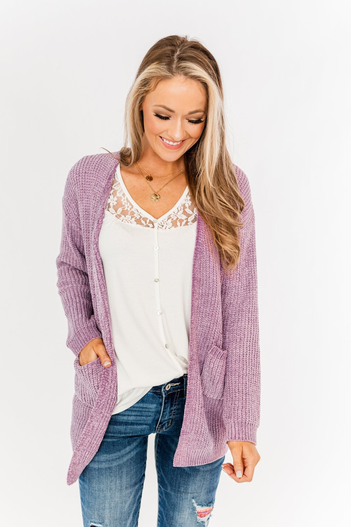 Purple chenille cardigan deals