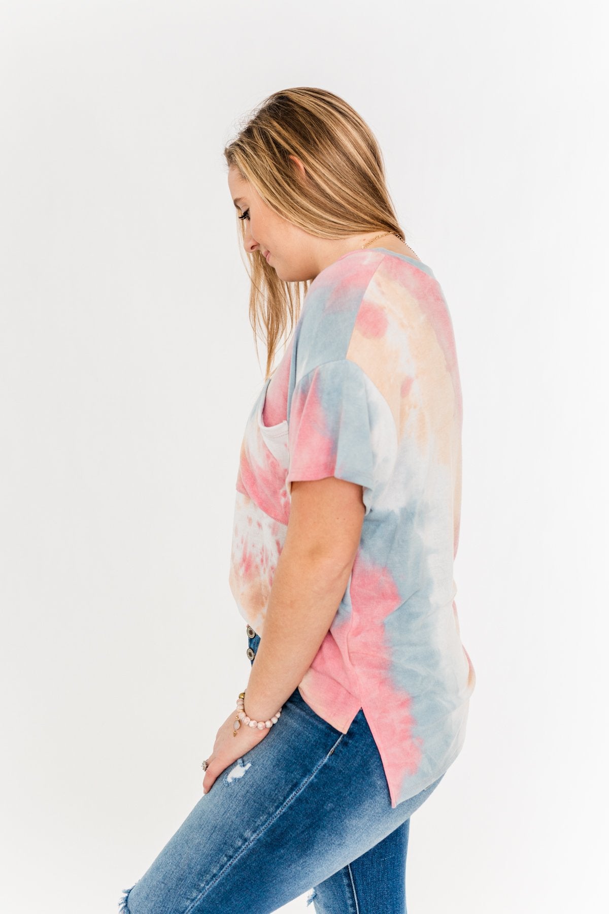 Living In Color Tie Dye Pocket Top- Pink, Light Orange, Blue