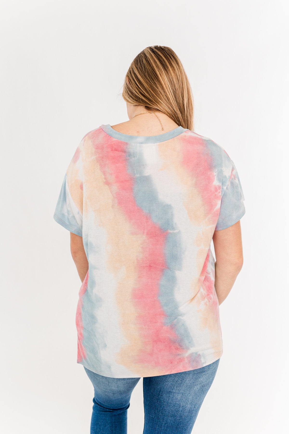 Living In Color Tie Dye Pocket Top- Pink, Light Orange, Blue