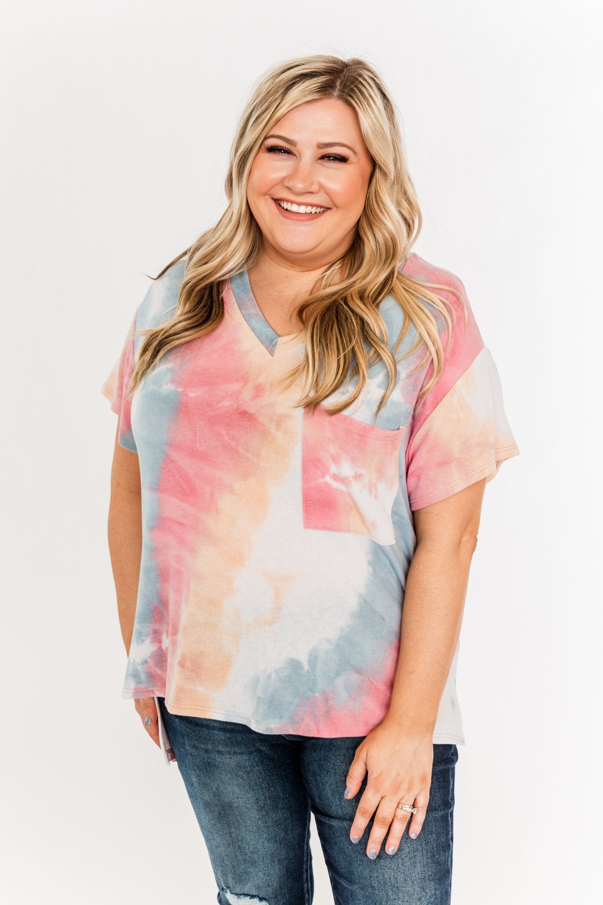Living In Color Tie Dye Pocket Top- Pink, Light Orange, Blue