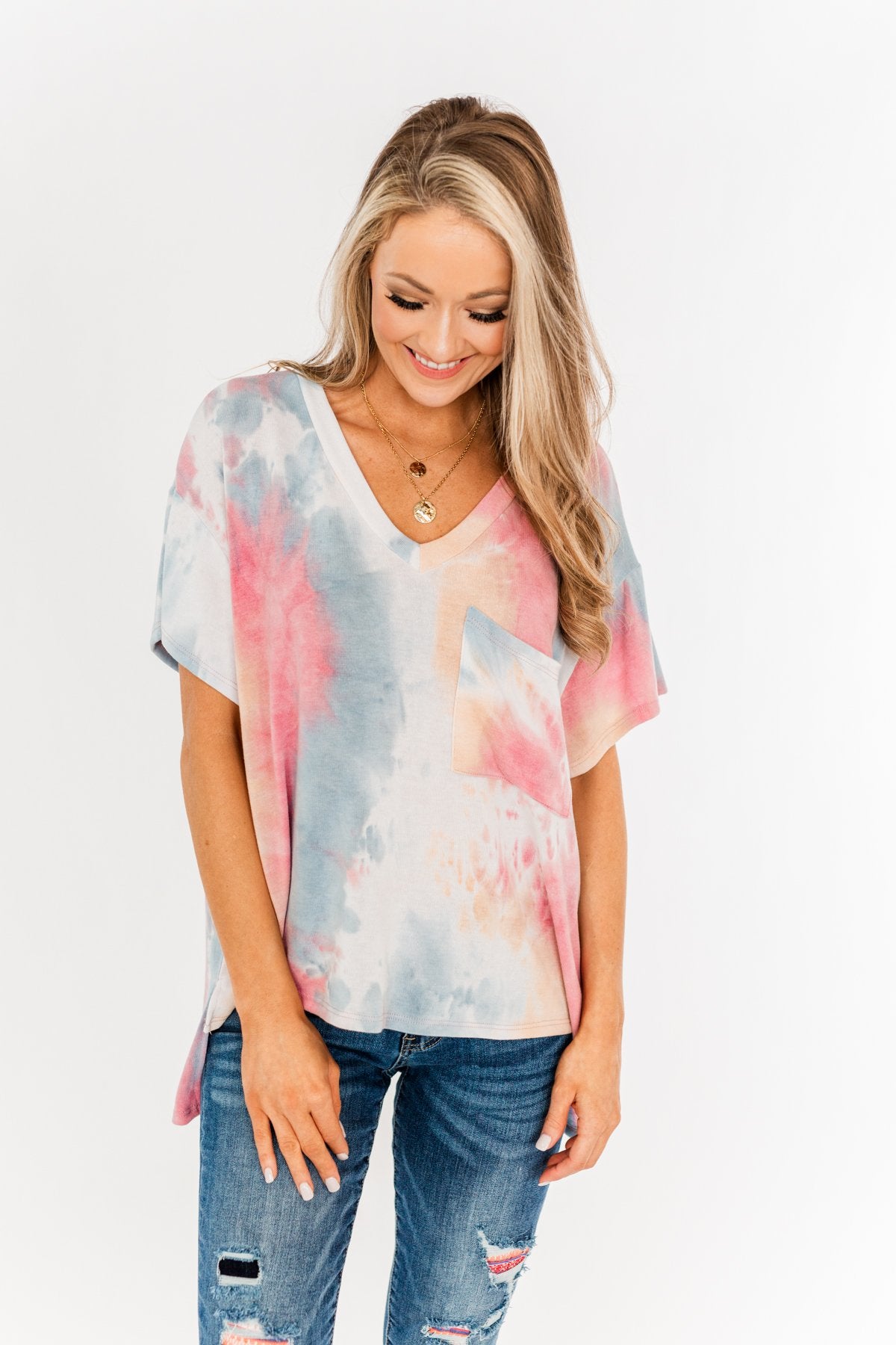 Living In Color Tie Dye Pocket Top- Pink, Light Orange, Blue