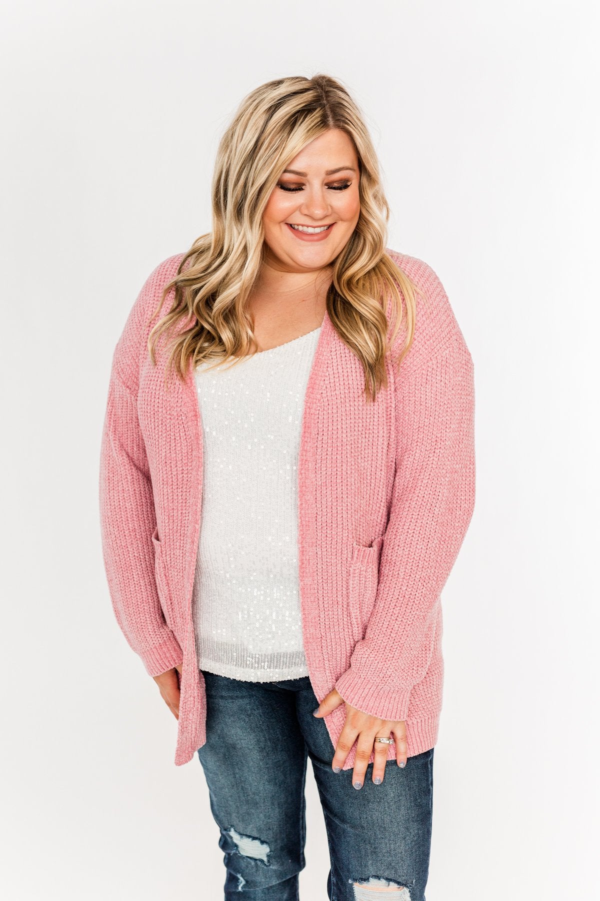 Have My Heart Velvet Chenille Cardigan- Pink