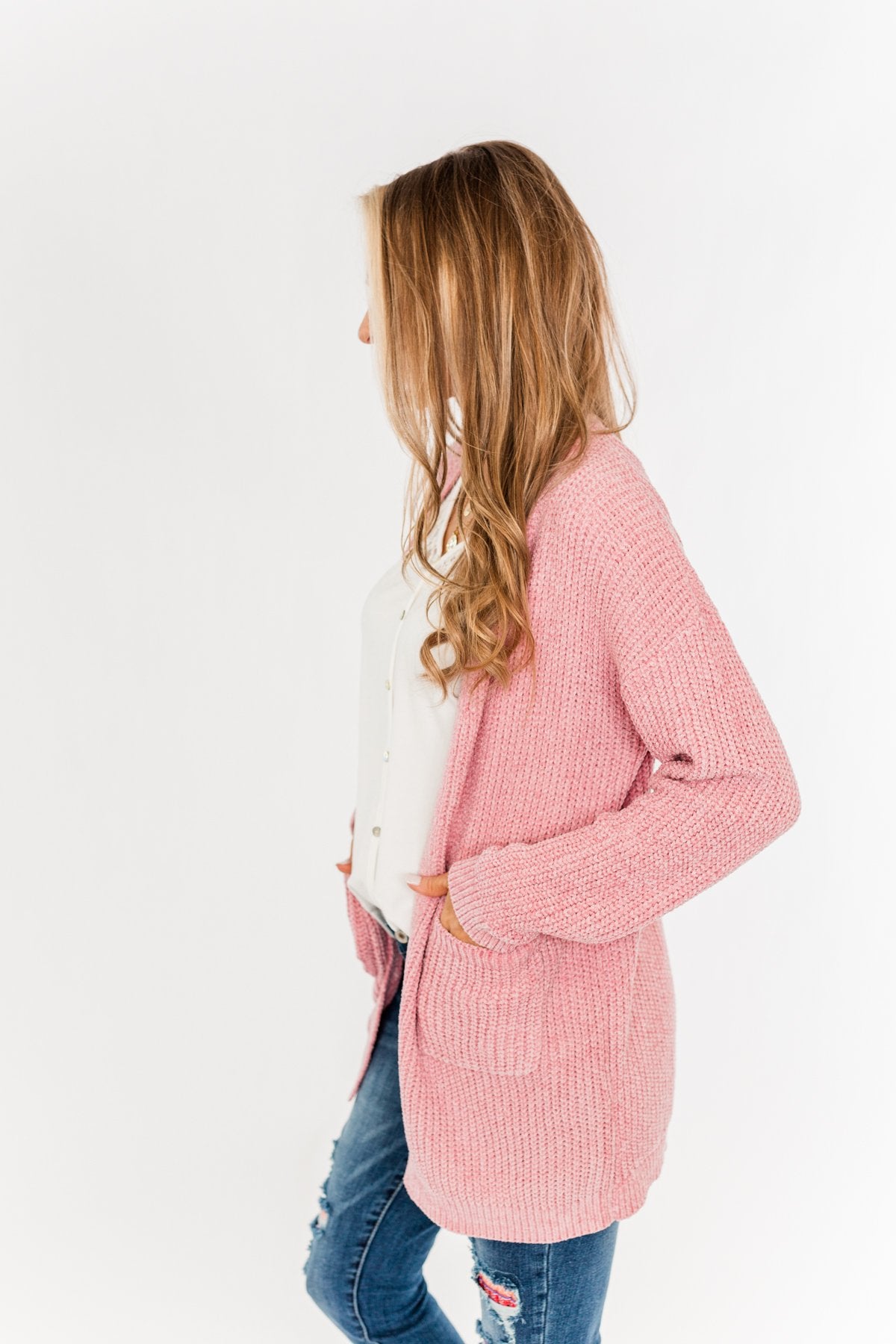 Have My Heart Velvet Chenille Cardigan- Pink
