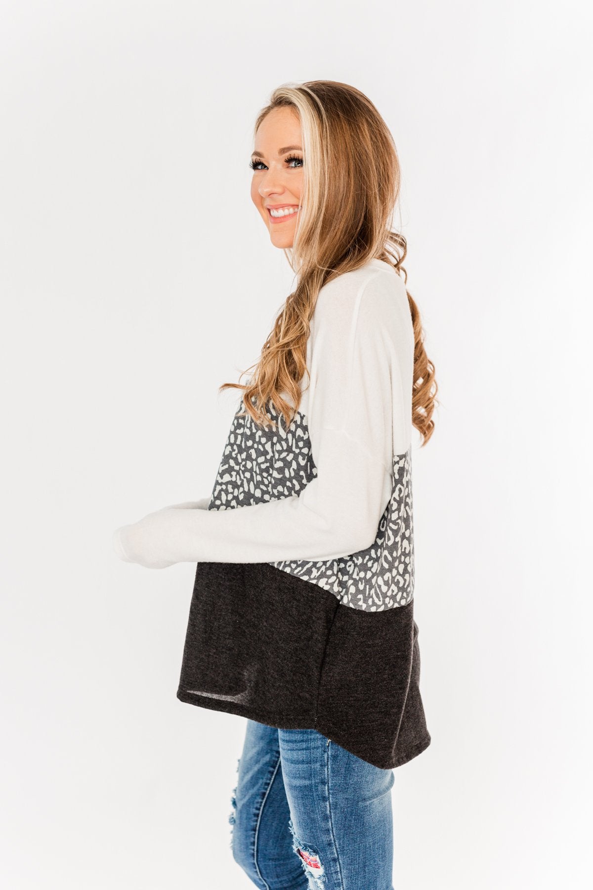 Reach For The Stars Color Block Top- Off-White, Charcoal & Black