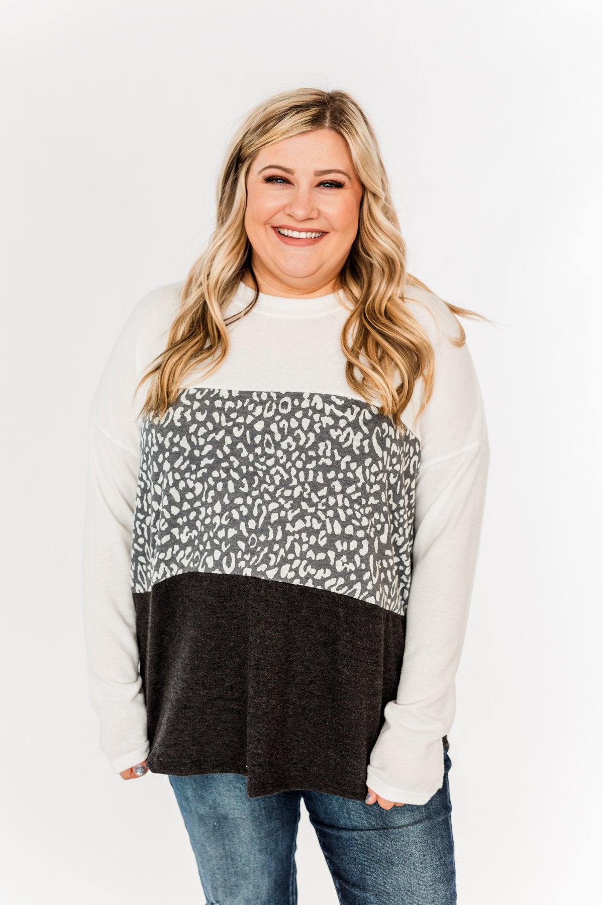 Reach For The Stars Color Block Top- Off-White, Charcoal & Black