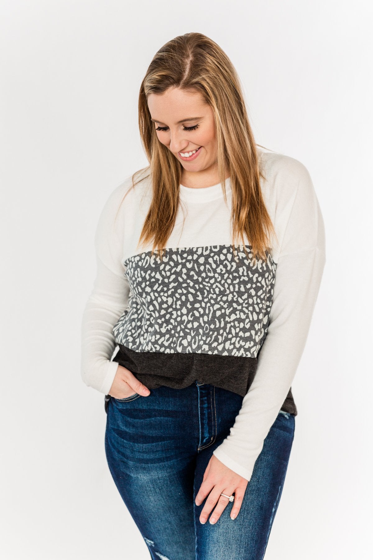 Reach For The Stars Color Block Top- Off-White, Charcoal & Black
