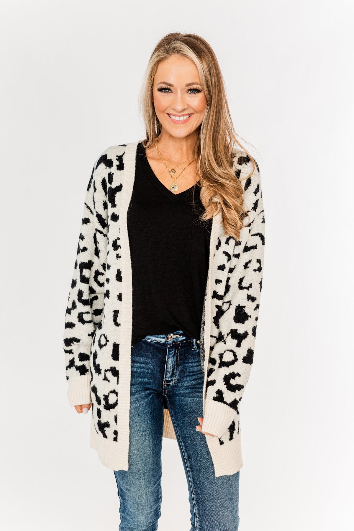 Swept Me Away Animal Print Cardigan- Ivory & Black