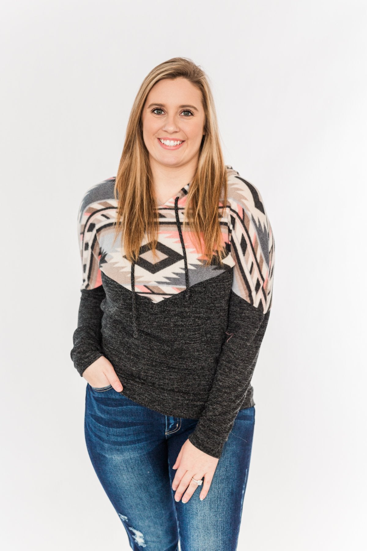Ready For A Good Time Aztec Hoodie- Heathered Black